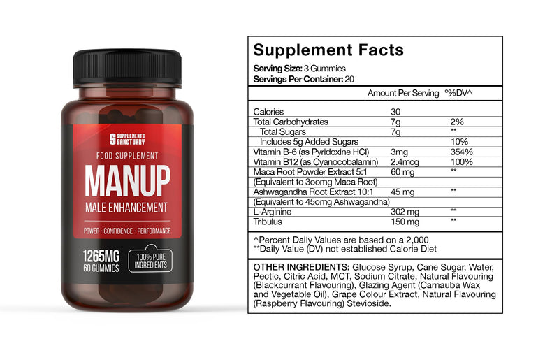 MANUP Male Gummies, 1265mg per Serving, with Maca, Vitamin B6, B12, Ashwagandha, L-Arginine, Tribulus Terrestris, Pack of 60