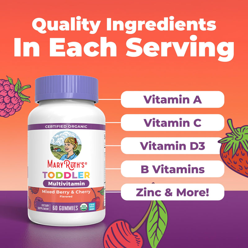 MARYRUTH'S Organic Toddler Multivitamin Gummies, 2 Month Supply, Ages 2+ | Vitamin A, C, D, E, B6, B12, Biotin, Iodine, Zinc, Immunity, Bone & Teeth Health, Skin & Vision Support 60 Count (Pack of 1)