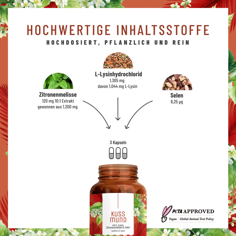 [Australia] - L-Lysine 1000 mg high dose - L-Lysine complex with lemon balm and selenium - High dose L-Lysine capsules - Naturtreu Kussmund vegan & laboratory tested 