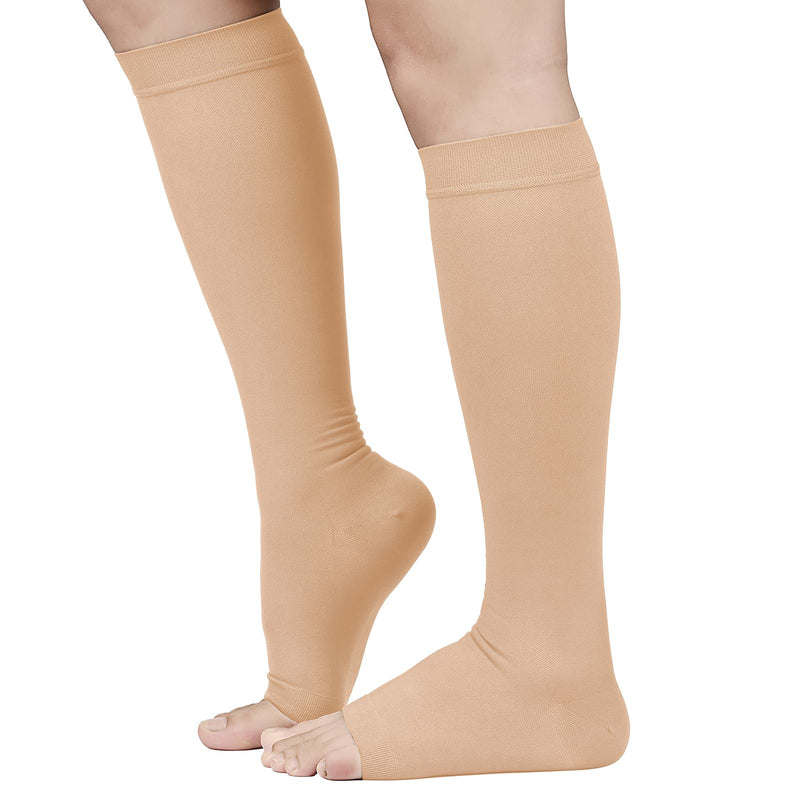 TOFLY® 30-40mmHg Medical Graduated Compression Socks for Men & Women, Open Toe Knee High Compression Socks,Firm Support for Circulation Recovery,Shin Splints,Varicose Veins,Edema,Nursing, Beige M Medium 30-40mmhg Open-toe Beige