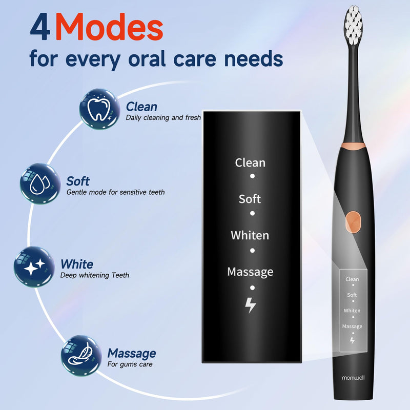 mornwell Sonic Electric Toothbrushes, Rechargeable Electric Toothbrush with 8 Brush Heads 76000 VPM Deep Clean 4 Modes, Travel Toothbrushes Fast Charge 4 Hours Last 45 Days for Adults and Kids Black 1 Count (Pack of 1)