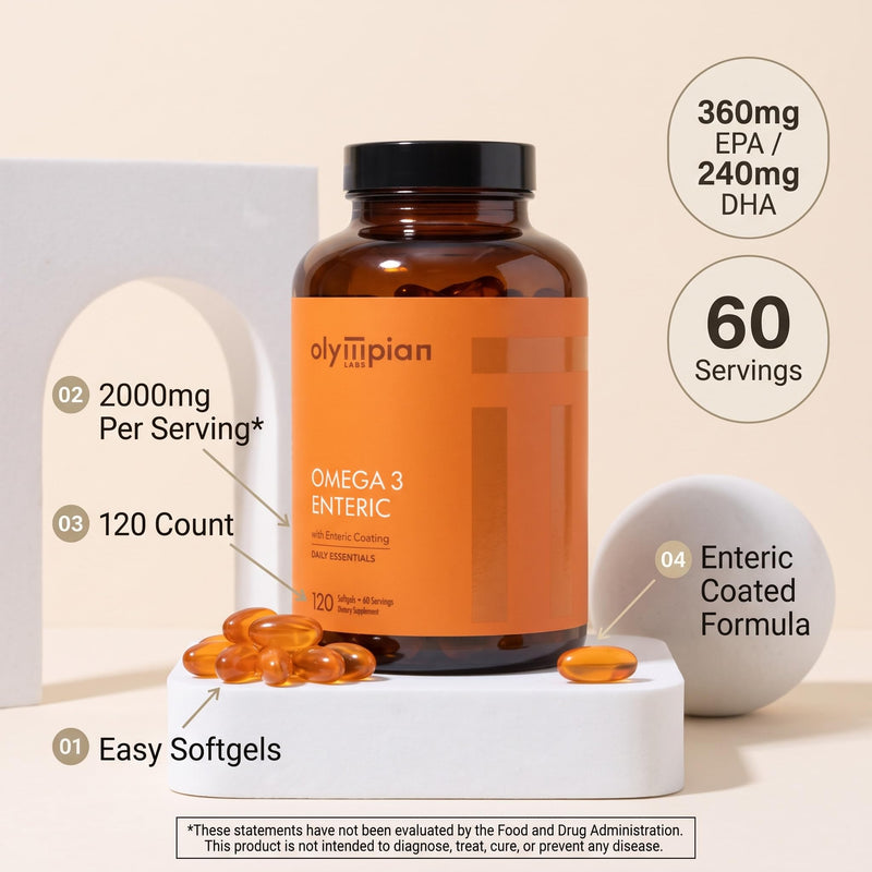 Olympian Labs Enteric Coated Omega 3 Fish Oils, 2000 mg per serving/ 60 servings, 120 Softgels Entric Coated - 2000mg 120 Count (Pack of 1)