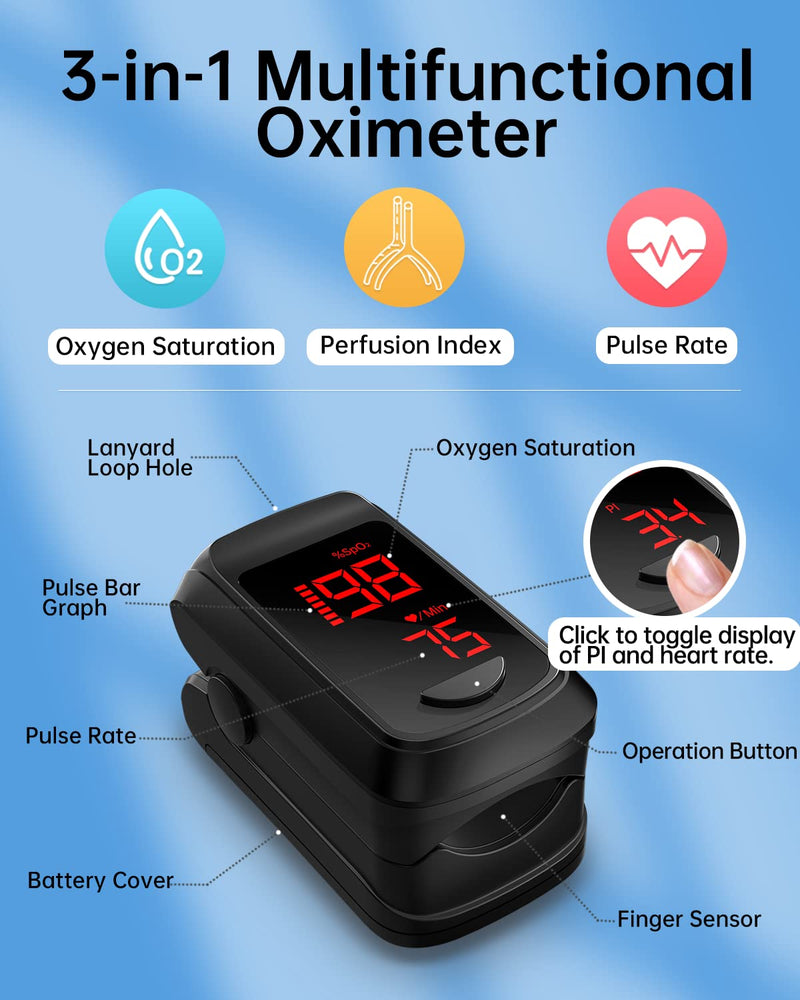 [Australia] - Pulse Oximeter Fingertip- Mini Oximeter Oxygen Saturation Monitor for SpO2/Heart Rate/PI, with Auto Graph Display/Alarm,FSA/HSA Eligible Black 