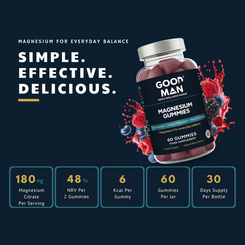 Good Man Magnesium Gummies 180mg for Men | Magnesium Supplement for Muscle Function & Fatigue Reduction | Energy Metabolism Support | Natural Berry Flavour | Vegan | 60 Gummies | UK Manufactured