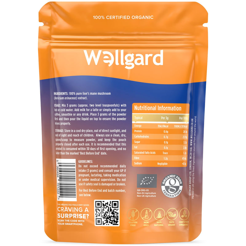 Wellgard Organic Lion's Mane Mushroom Powder 90 Grams - Mushroom Supplement, Dual Extract, Easy to Use, Certified Organic 90 g (Pack of 1)