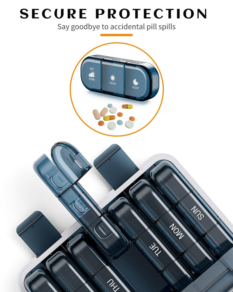 ONTERATE Weekly Pill Organizer 3 Times a Day, Large Pill Organizer 7 Days, Portable Pill Case 21 Days, Moisture Proof Large Pill Dispenser, Travel Pill Box for Vitamins Fish Oil Supplements (Blue) Blue