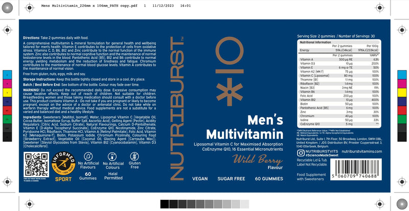Nutriburst Men’s Multivitamin - Immune System & Mental Performance - Contains 16 Micronutrients; B2, B3, B5, B6, B12, A, C, D - Vegan Sugar Free Supplement - 60 Berry Gummies - 1 Month Supply Men's Multivitamin 60 count (Pack of 1)