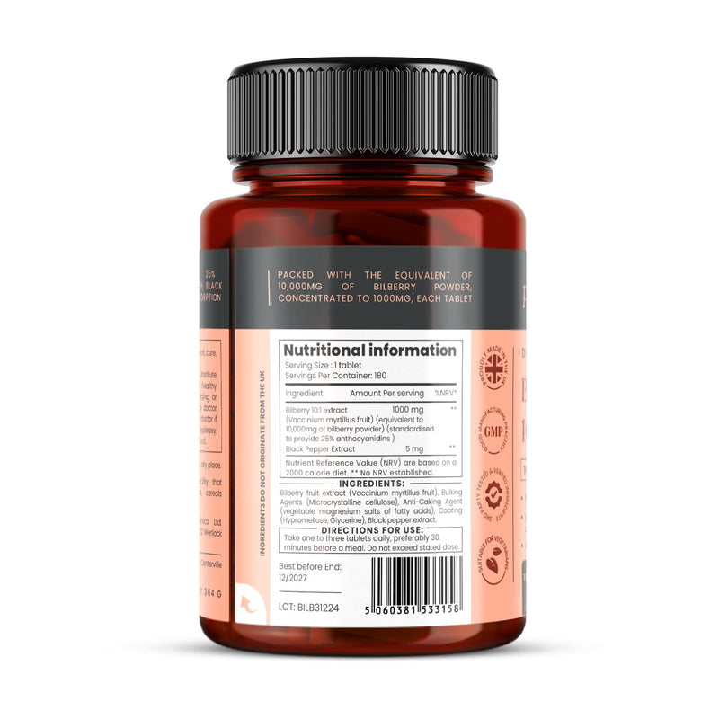 [Australia] - Blueberry Extract 10,000 mg x 180 Tablets - 10X more anthocyanidins per tablet than most competitive products - plus 5 mg Piperine (Black Pepper Extract) for 300% better absorption 180 Count (Pack of 1) 