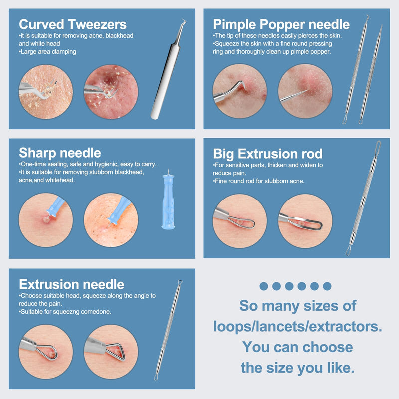 60PCS Dual Heads Blackhead Remover, Pimple Comedone Extractor, Acne Whitehead Blemish Removal Kit, Premium Stainless Steel Pimple Popper Tool kit, Risk Free for Face Skin, with Portable Box