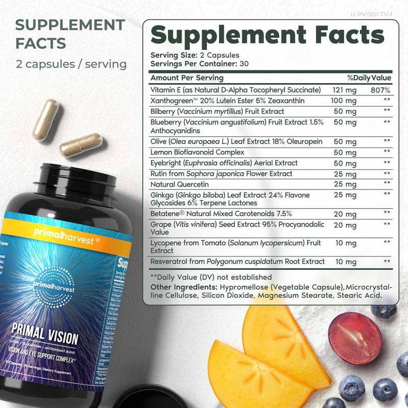 [Australia] - Primal Harvest Vision and Eye Support Complex with Lutein, Zeaxanthin Plus Vitamin E, Bilberry Extract, and Blueberry Extract for Overall Eye Health for Men and Women, 60 Capsules 