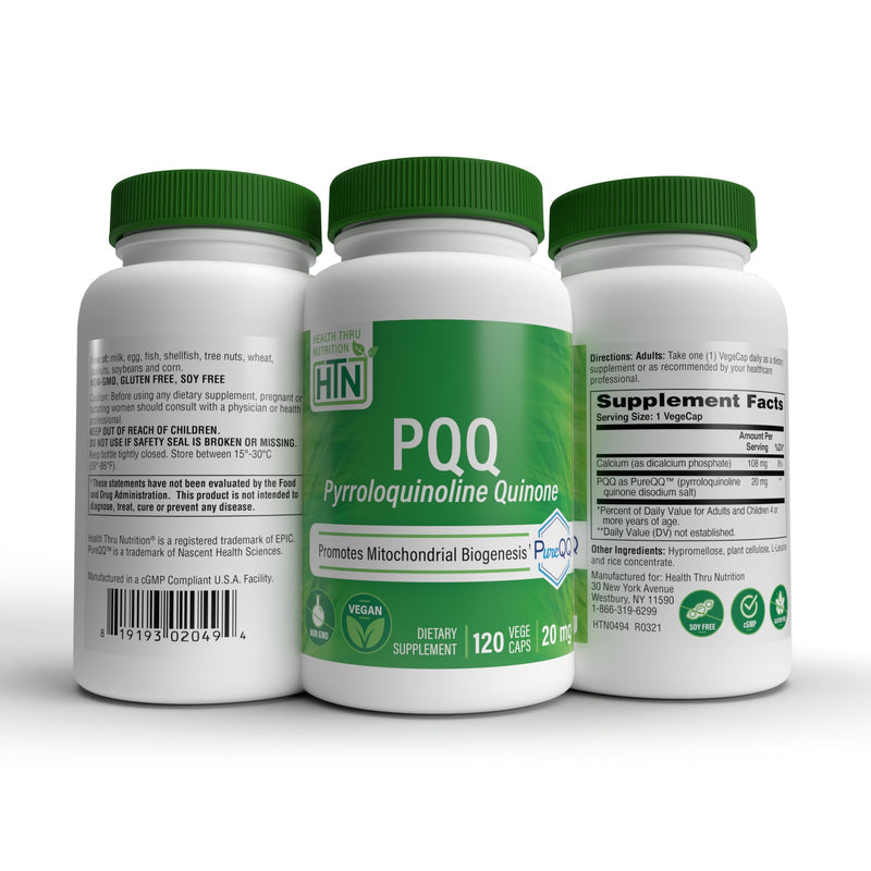 Health Thru Nutrition PQQ 20mg Pyrroloquinoline Quinone 120 Servings | PureQQ PQQ Supplement for Men and Women | Brain, Heart and Mitochondria Function Support | Certified Vegan | Non-GMO 120 Capsules