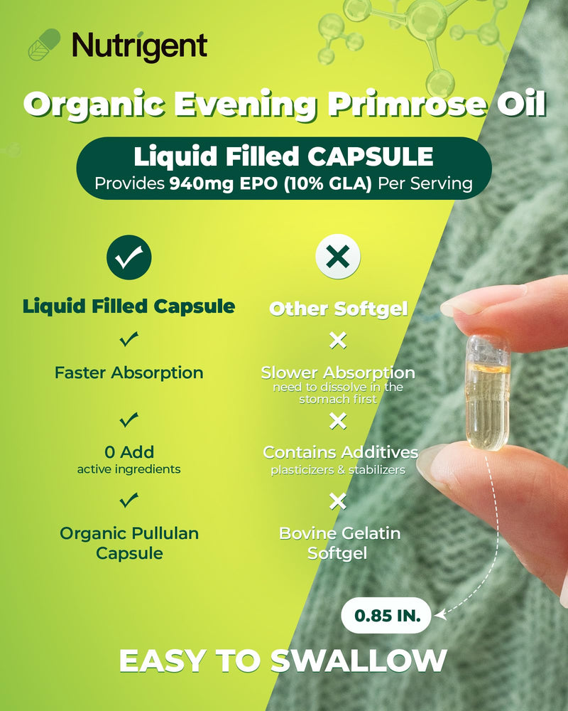 [Australia] - Organic Evening Primrose Oil Supplement, 940 mg 100% Pure with 10% GLA, High Absorption Liquid Organic Capsules, Promotes Women's Health & Skin Health, Cold Pressed, 60 Count 1 
