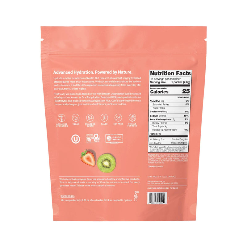 [Australia] - Cure Hydrating Electrolyte Mix | Electrolyte Powder for Dehydration Relief | Made with Coconut Water | No Added Sugar | Vegan | Paleo Friendly | Pouch of 14 Packets - Strawberry Kiwi 14 Servings 