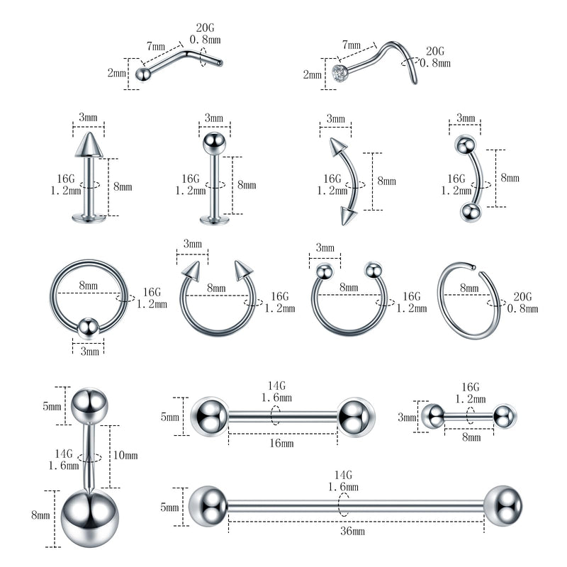[Australia] - 120PCS Body Piercing Kit Surgical Steel 14G 16G 20G BCR CBR Labret Lip Rings Cartilage Daith Earrings Nose Septum Nose Studs Belly Button Rings Jewelry Needles Gloves Clamps Tools Silver 