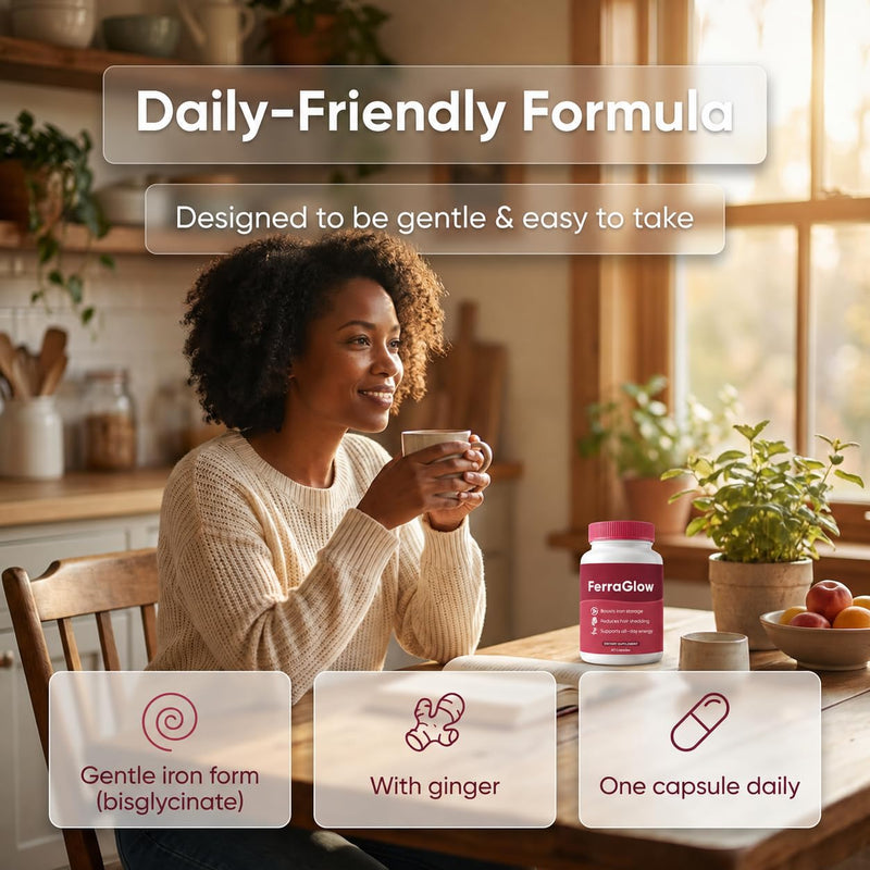 Ferraglow Ferritin Supplement for Women, Ferra Glow Daily Iron Support Capsules with Iron Bisglycinate Lactoferrin Vitamin C B12 and Gentle Absorption (1)