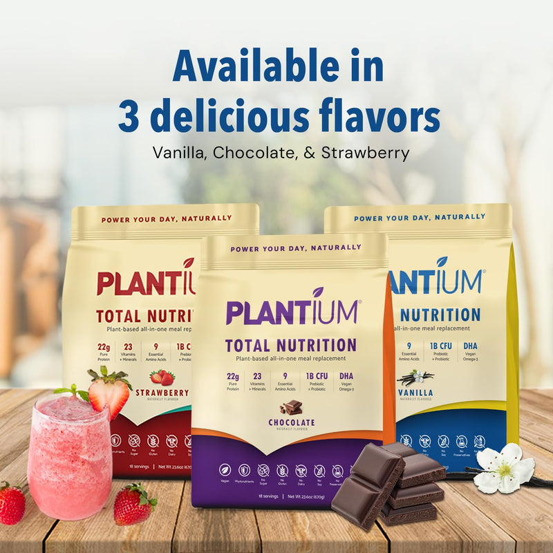 Plantium Total Nutrition Meal Replacement Protein Powder, Vanilla | Plant-based all-in-one shake with 22g protein per serving, vitamins, minerals and probiotics.