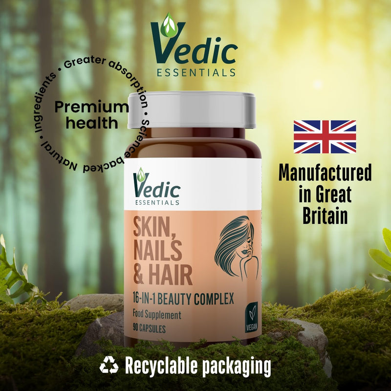 Vedic Skin Hair Nails Beauty Complex | 16-in-1 Vegan Capsules with Hyaluronic Acid, Biotin, Zinc, Selenium, Copper, Vitamins A B C D E | 90 Vegan Capsules