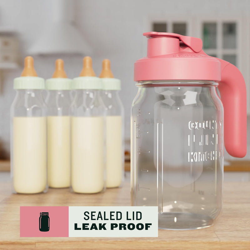 [Australia] - County Line Kitchen Breast Milk Pitcher for Fridge - Wide Mouth, 1 Quart (32 oz) Mason Jar - Heavy Duty Breastmilk Storage Container, Leak Proof, Sturdy - Baby Formula Mixer Pitchers Pink 