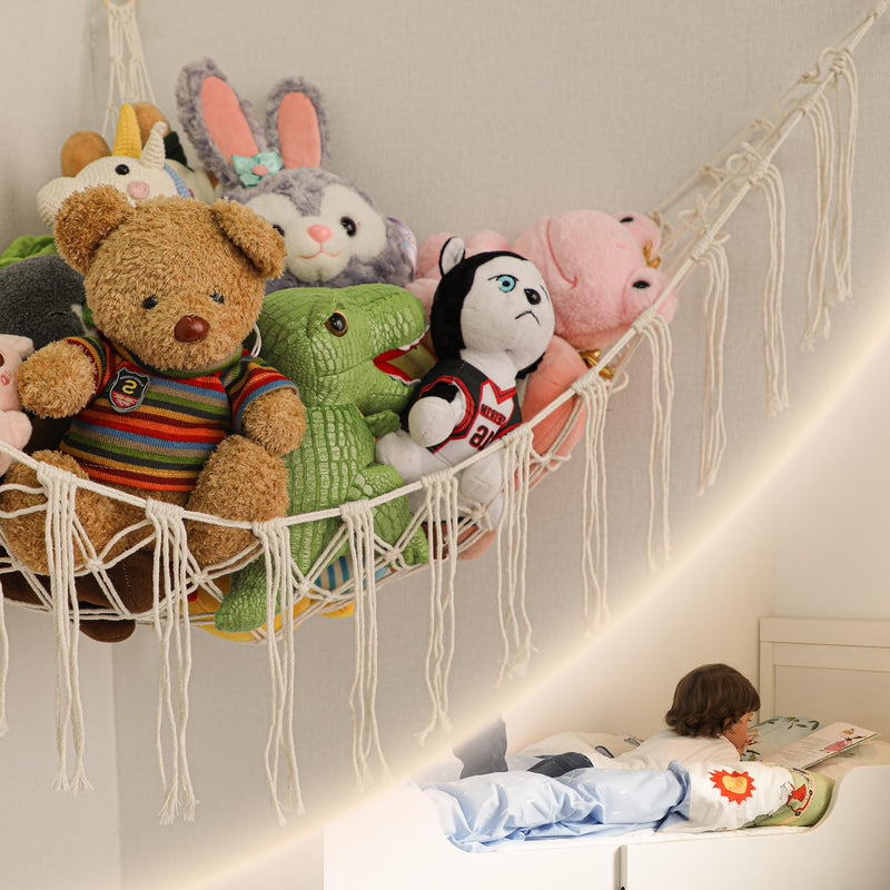 [Australia] - Boho Stuffed Animals Net or Hammock Large,55 inch Toy Hammock Macrame Stuff Animal Storage Corner Hanging Net Holder,Mesh Hammock Plush Toy Organizer with Hooks for Bedroom,Nursery (White) White 