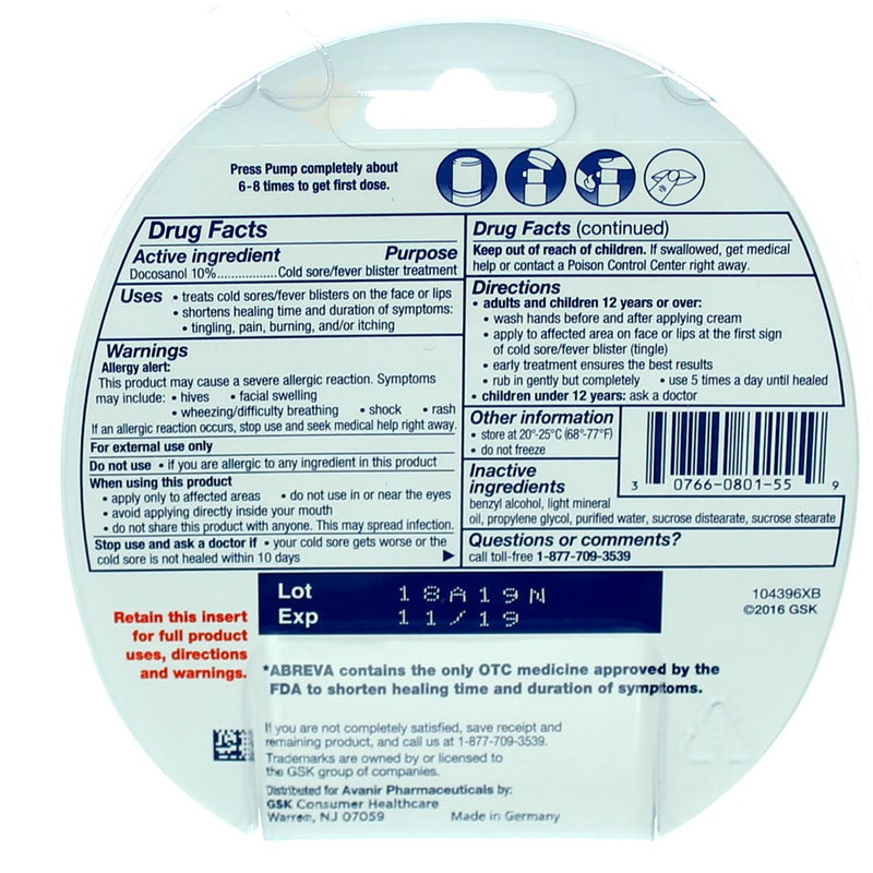 [Australia] - Abreva 2grm Pump Size 1ct Abreva Cold Sore Treatment 