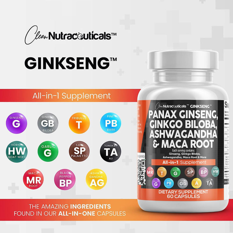 [Australia] - Clean Nutraceuticals Panax Ginseng 10000mg Ginkgo Biloba 4000mg Ashwagandha Maca Root 3000mg - Focus Supplement Pills for Women and Men with Pine Bark Extract, Garlic, and Saw Palmetto - 60 Caps 