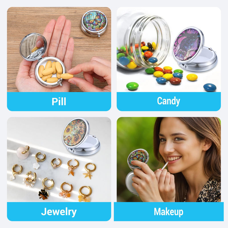 Molain 10Pcs Pill Organizer, Pill Box with Mirror, Portable Small Pill Case for Purse or Pocket, Cute Metal Pill Holder for Travel, Vitamins, Medication, Supplements 10 Pieces