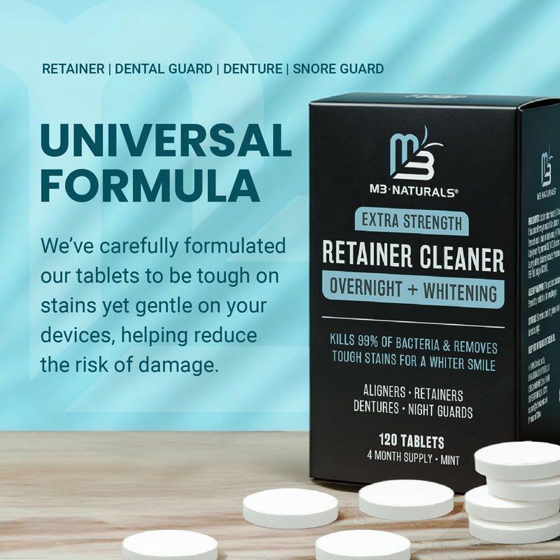 Overnight + Whitening Retainer Cleaner Tablets, Mint, 4 Month Supply by M3 | Compatible with Retainer Cleaner Machine & Ultrasonic Retainer Cleaner, Helps Remove Tough Stains, Buildup, Odors & Plaque Overnight Whitening (120 Count)