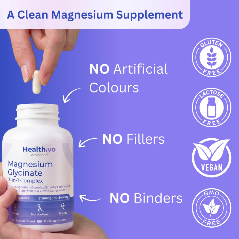 Magnesium Glycinate 3-in-1 Complex, 240 Capsules, UK Made | Magnesium Bisglycinate, Citrate & Malate Complex, Sleep & Relaxation, Vegan, 2 Months Supply, Supplement for Women & Men