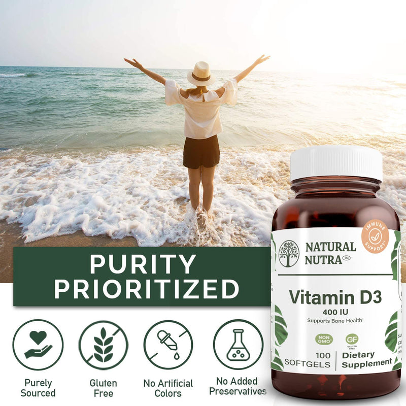 Natural Nutra Vitamin D3 400 IU Softgels, Gluten-Free Vitamin D, 100 Count | Supports Immune Function, Bone & Teeth Support, Cardiovascular Support Unflavored 100 Count (Pack of 1)