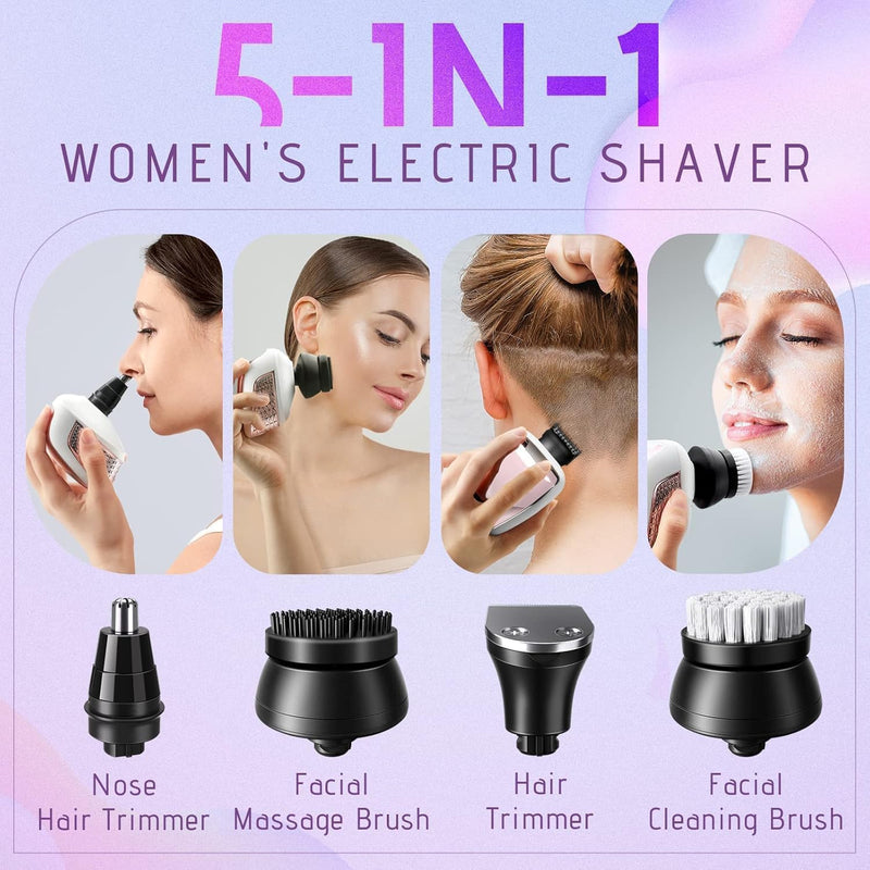 [Australia] - Electric Razors for Women Legs: 5-in-1 Rechargeable Body Shaver - Waterproof Wet Dry Hair Remover - Trimmer for Lady Face Underarms Public 