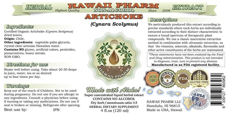 [Australia] - Artichoke Alcohol-Free Liquid Extract, Organic Artichoke (Cynara scolymus) Dried Leaf Glycerite Hawaii Pharm Natural Herbal Supplement 2 oz 2 Fl Oz (Pack of 1) 