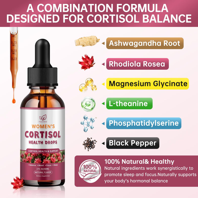 Cortisol Manager Liquid Drops, Cortisol Supplements for Women, with magnesium ashwagandha, rhodiola rosea,l-theanine,Phosphatidylserine-Promote Relaxation and Support Mood- 30 Day Vegan Supply 2 Fl Oz (Pack of 1)