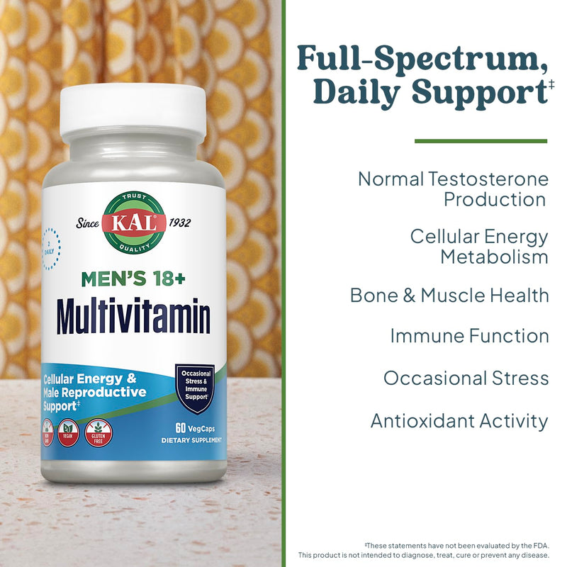 KAL Men’s 18 Plus Multivitamin - 30 Essential Vitamins and Minerals - Vitamin D, Vitamin C, Zinc and More - Male Reproductive and Cellular Energy Support - Vegan, Non-GMO - 30 Servings, 60 VegCaps