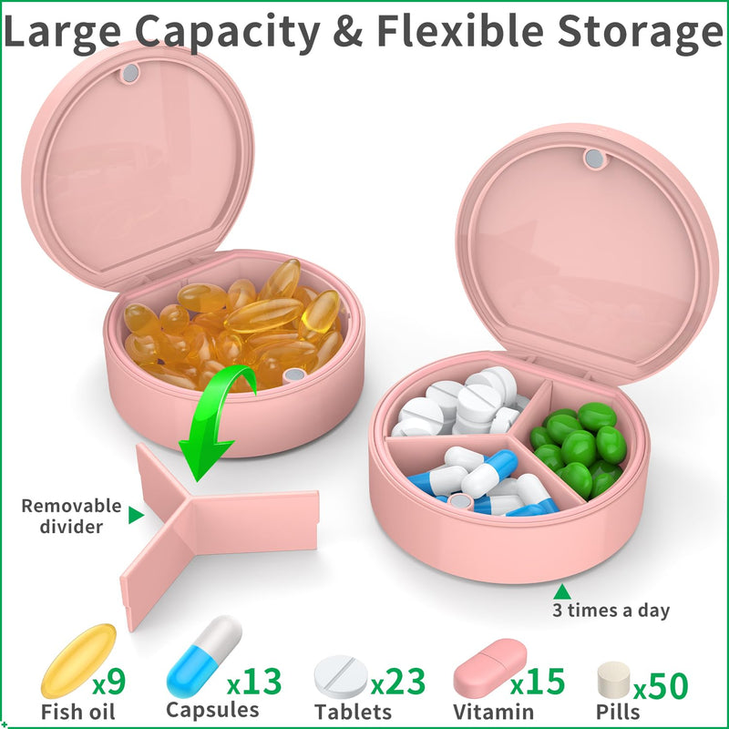 Small Travel Pill Organizer Box with Floral Pattern, Cute Pocket Pill Case with Removable Divider & Magnetic Closure, Moisture-Proof Daily Vitamin Container for Purse, 3 Compartments (Pink-F1) Pink F1