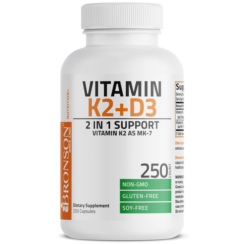 Bronson Vitamin K2 D3 (MK7) Supplement 2-in1 D3 & K2 Complex, 250 Capsules | Bone, Immune & Heart Health Support, Gluten Free, Soy Free, Non-GMO, Vitamin D3 5000IU (125 mcg) & 90 mcg K2 MK-7 250 Count (Pack of 1)