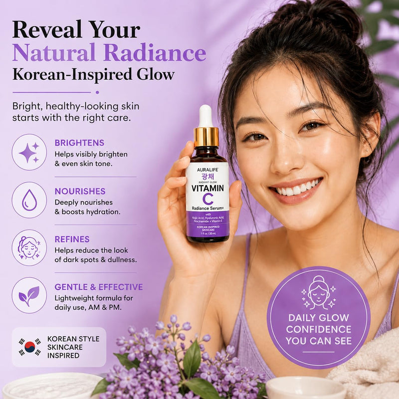 AuraLife Vitamin C Radiance Serum Plus for Face–Advanced Brightening Formula with Niacinamide, Kojic Acid, Hyaluronic Acid & Vitamin E, Improve the Look of Dark Spots, Uneven Tone & Hydration–1 fl oz