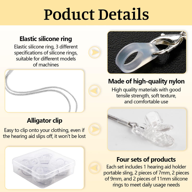 Hearing Aid Clips and Lanyards Kit - Anti-Loss Safety Retainer Cord with 24 Silicone Loops (7/9/11mm) & Storage Case - Grey BTE Hearing Aid Accessories for Seniors, Adults