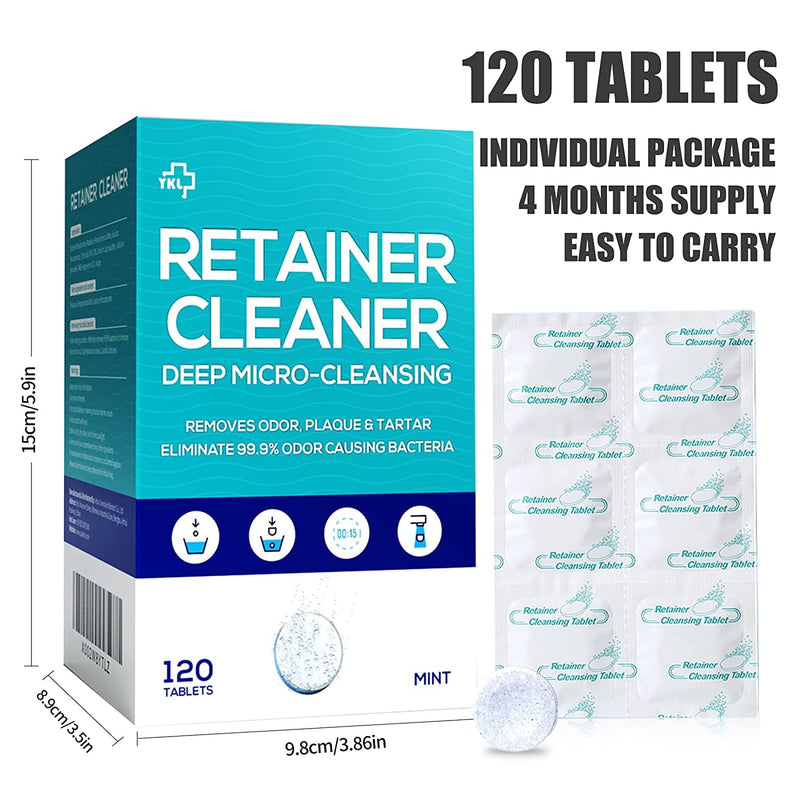 [Australia] - Y-Kelin Retainer and Denture Cleaner 120 Tablets for 4 Months Removes Stains Plaque Odors for Dentures Retainers Mouth Guard and Removable Dental Appliances (120 PCS, Mint) 