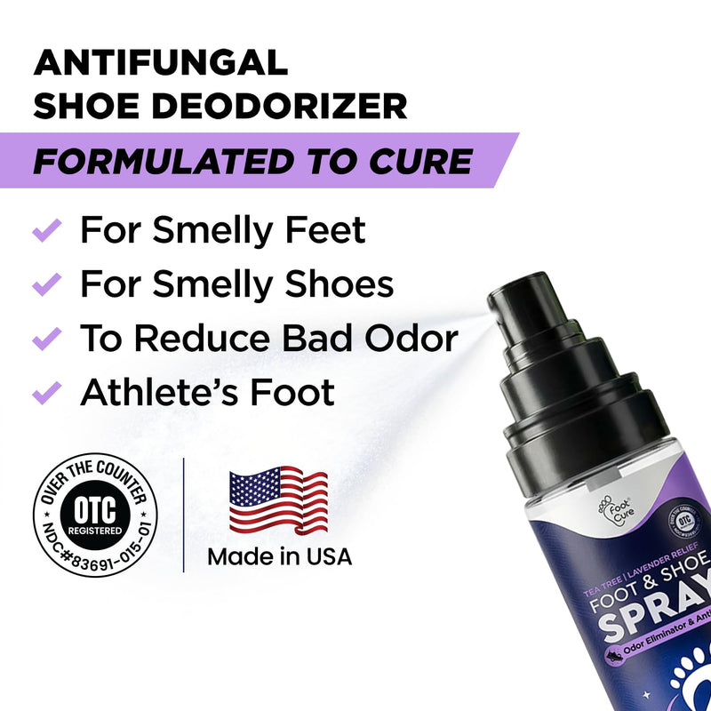 Foot Cure Shoe Deodorizer Spray - Tea Tree | Lavender Shoe Deodorizer for Smelly Feet, Athletes Foot Spray Odor Eliminator and Sweat Control | Removes, Controls & Prevents Odors - 120ml Made in USA