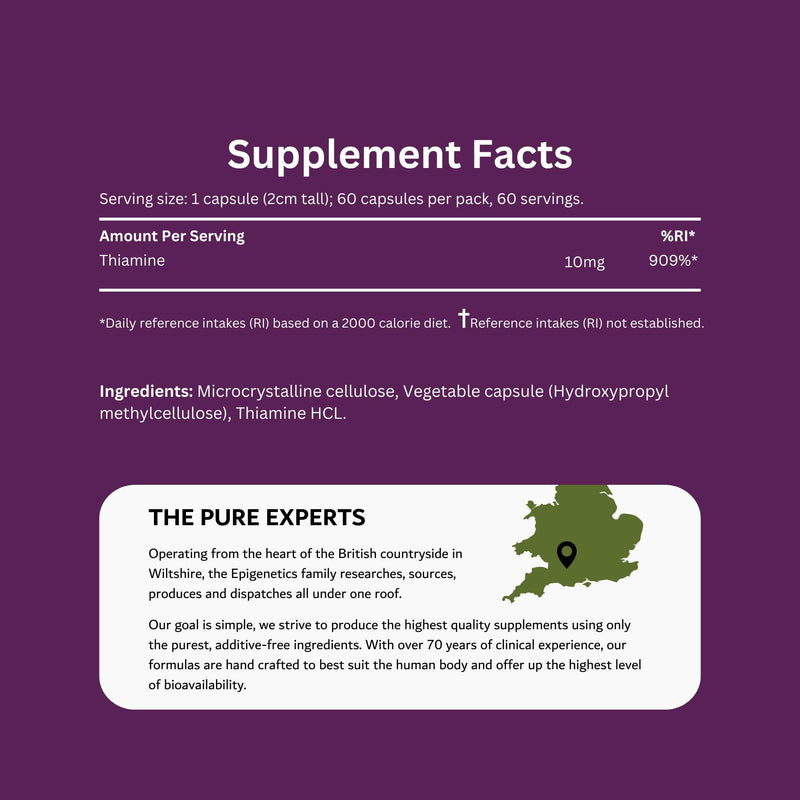 Vitamin B1 Thiamine | 10mg Vitamin B1 Thiamine Supplement (10,000mcg) | 60 Vegan Friendly Capsules UK Made | Long 2 Month Supply by Epigenetics Supplements