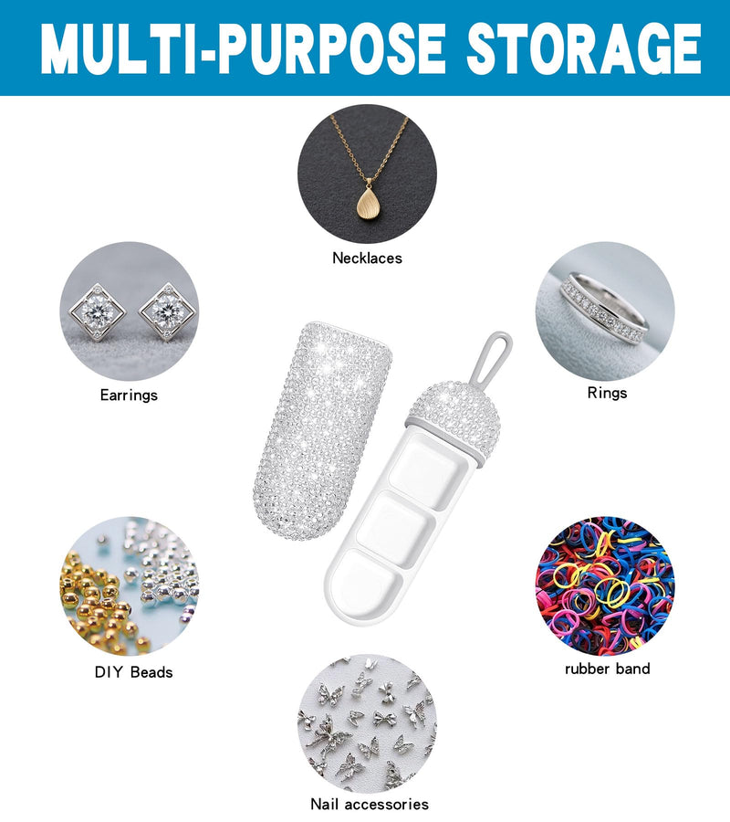 Bling Travel Pill Organizer Crystal Rhinestone 3 Compartments Portable Pill Case Daily Pill Box to Hold Vitamins Small Pill Container for Pocket Purse Medicine Organizer(White)