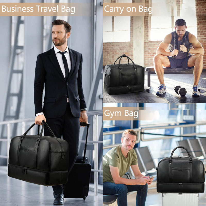 4-in-1 Leather Duffle Bag Weekender Bag for Women Men Large Overnight Bag | Hospital Gym Bag Carry On Personal Item Travel Duffel Bags with Shoe Compartment Toiletry Satchel Bag Fit 21" Laptop Black