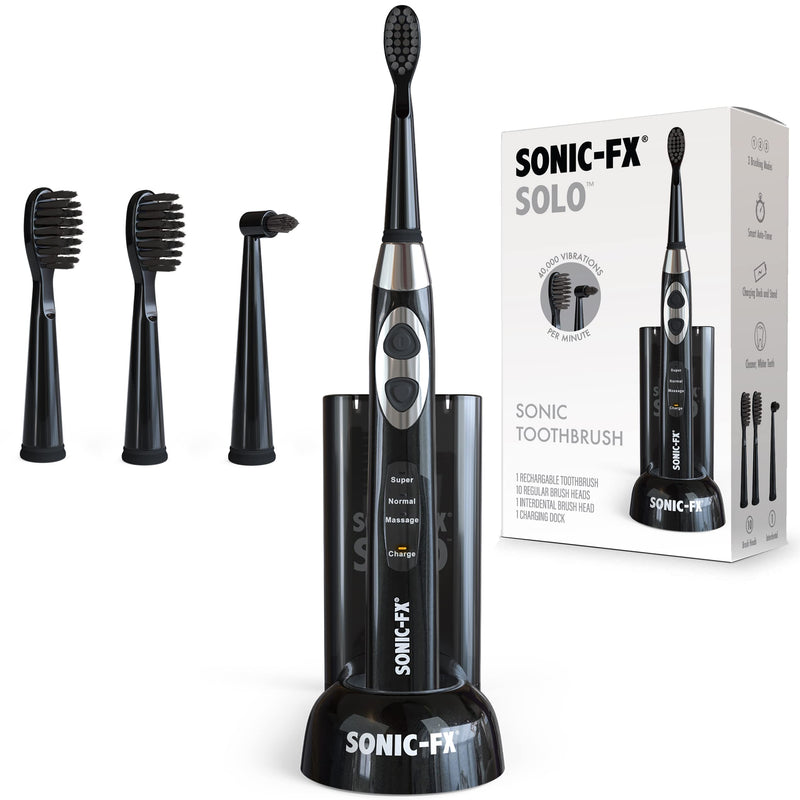 Sonic-FX Solo Electric Toothbrush - 3 Brushing Modes - with Intelligent Auto-Timer, Includes 2 Tooth Brush Heads, and 1 Interdental Head, Rechargeable, Electronic Charging/Storage Base (Black) 3 Pack - Black