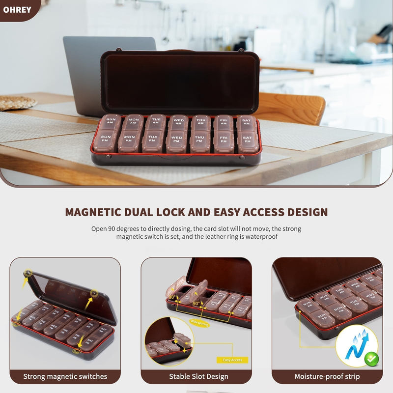 Pill Organizer 2 Times a Day, Weekly Travel Case for Vitamins, Fish Oils + 2 Detachable Cute Boxes (Brown) Brown
