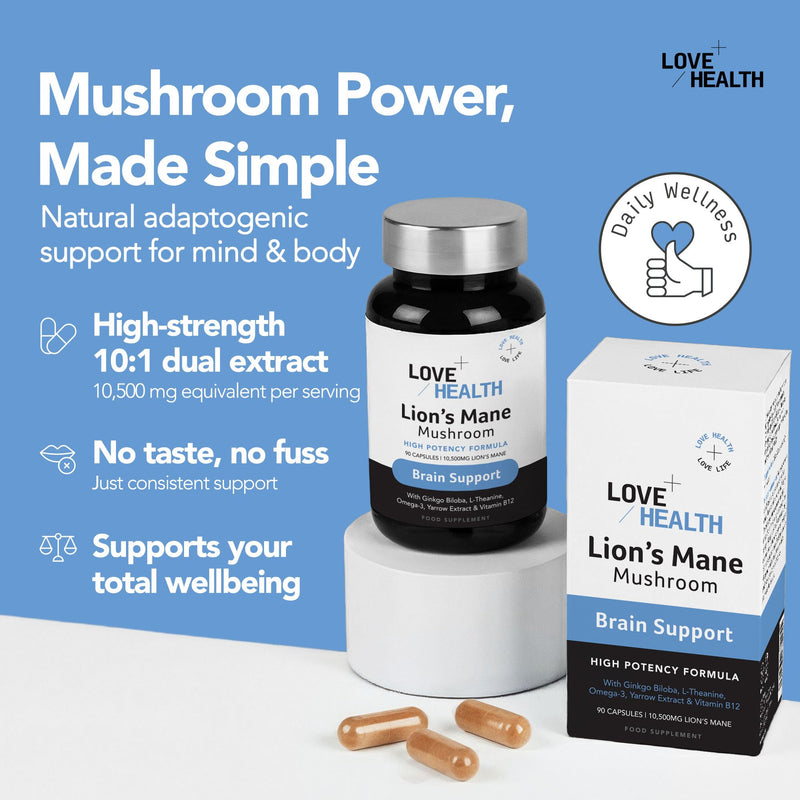 Brain Support Lions Mane Supplement 90Pcs 10,500mg Lions Mane Mushroom Capsules - Brain Health Memory and Focus Supplement with Ginkgo Biloba, L-Theanine, Omega-3, Yarrow & Vitamin B12 Brain Focus - 10,500mg