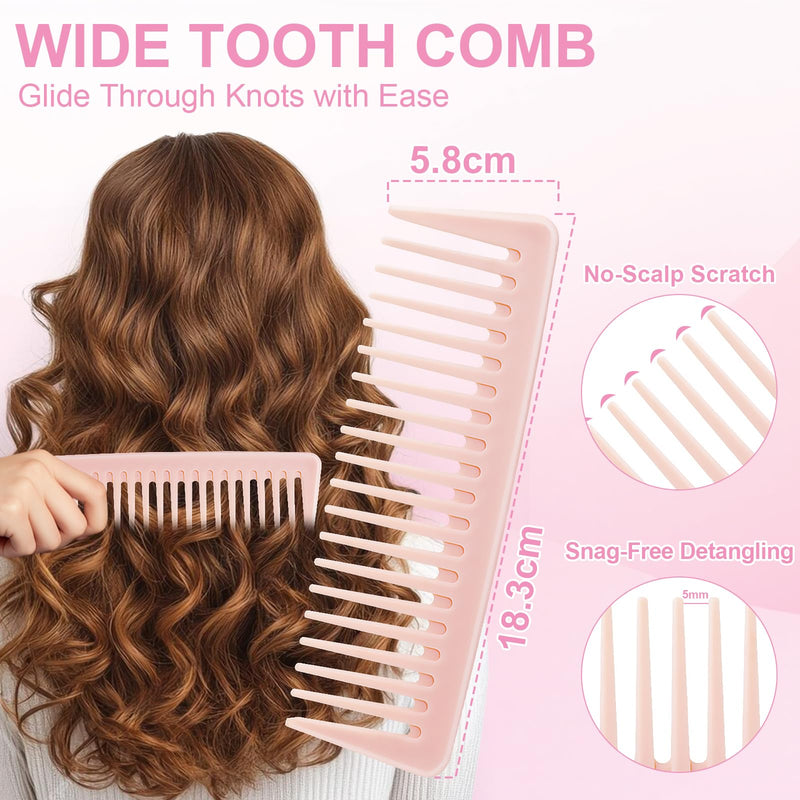 DUAIU 5Pcs Hair Brush Set, Curl Defining Brush for Detangling, Boar Bristles Paddle Brush and Wide Tooth & Rat Tail Comb Set with Travel-Sized Mirror, Hair Style Care Gift Kit for Women Men Kids(Pink) Pink