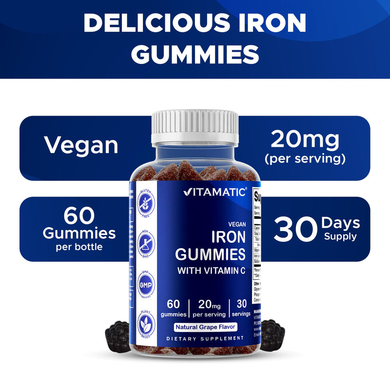 Vitamatic Vegan Iron 20 mg with VIT. C, 60 Natural Grape Flavor Gummies | Supports Healthy RBC Production and Oxygen Transport*, Immune Health Support*, Plant Based, Gluten Free, Non-GMO, Made in USA 60 Count (Pack of 1)