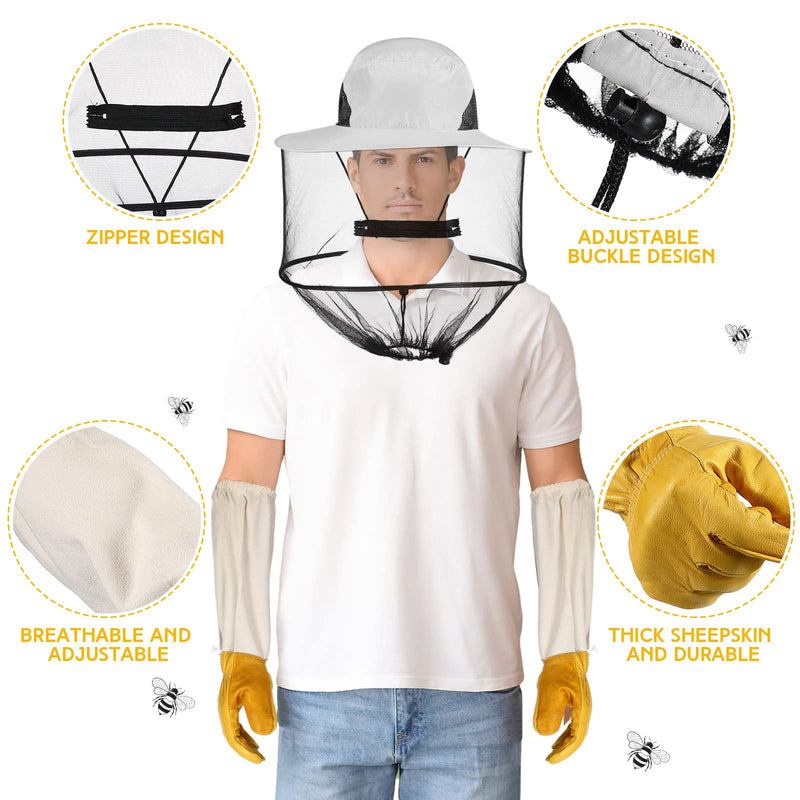 [Australia] - Xuhal Bee Keeping Hats and Gloves Includes Thick Goatskin Leather Bee Gloves with Ventilated Sleeves and Bee Keeper Fencing Veil Mosquito Hats Sun Hat with Hidden Net Mesh Mask 