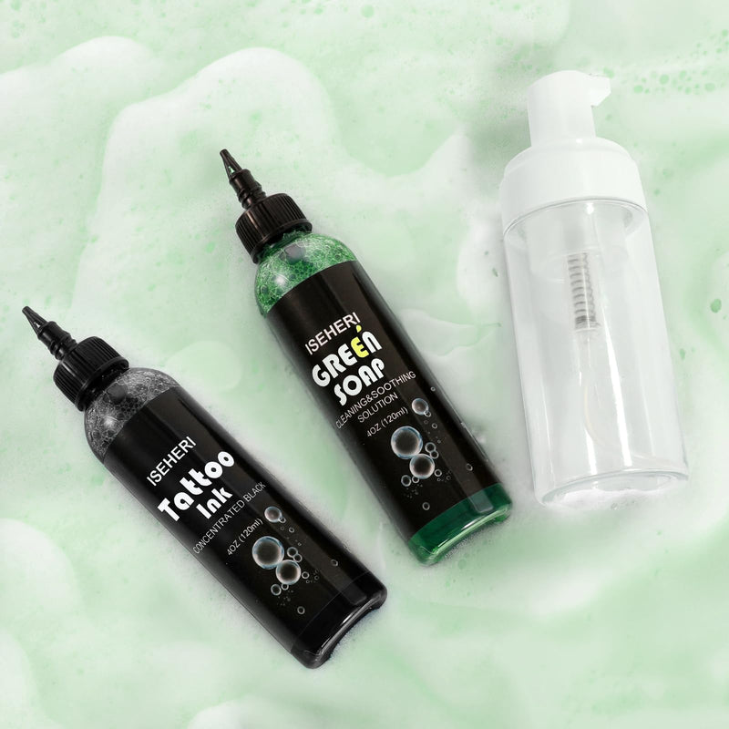 [Australia] - Professional Black Tattoo Ink & Ultra Concentrated Green Tattoo Soap, 4 oz with Foaming Bottle - Premium Quality Kit for Tattoo Artists 
