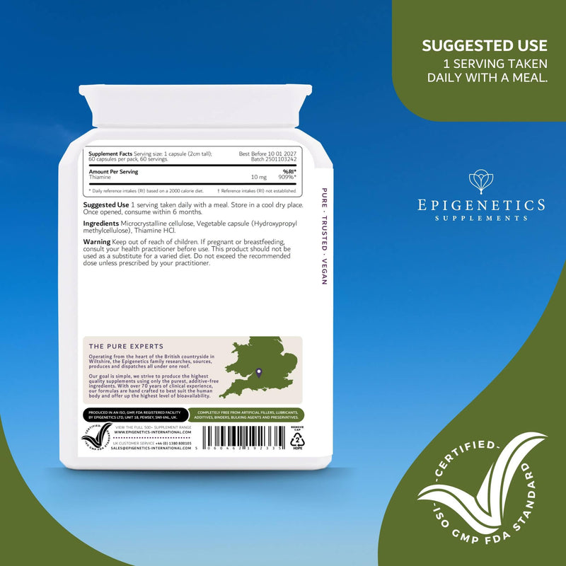 Vitamin B1 Thiamine | 10mg Vitamin B1 Thiamine Supplement (10,000mcg) | 60 Vegan Friendly Capsules UK Made | Long 2 Month Supply by Epigenetics Supplements